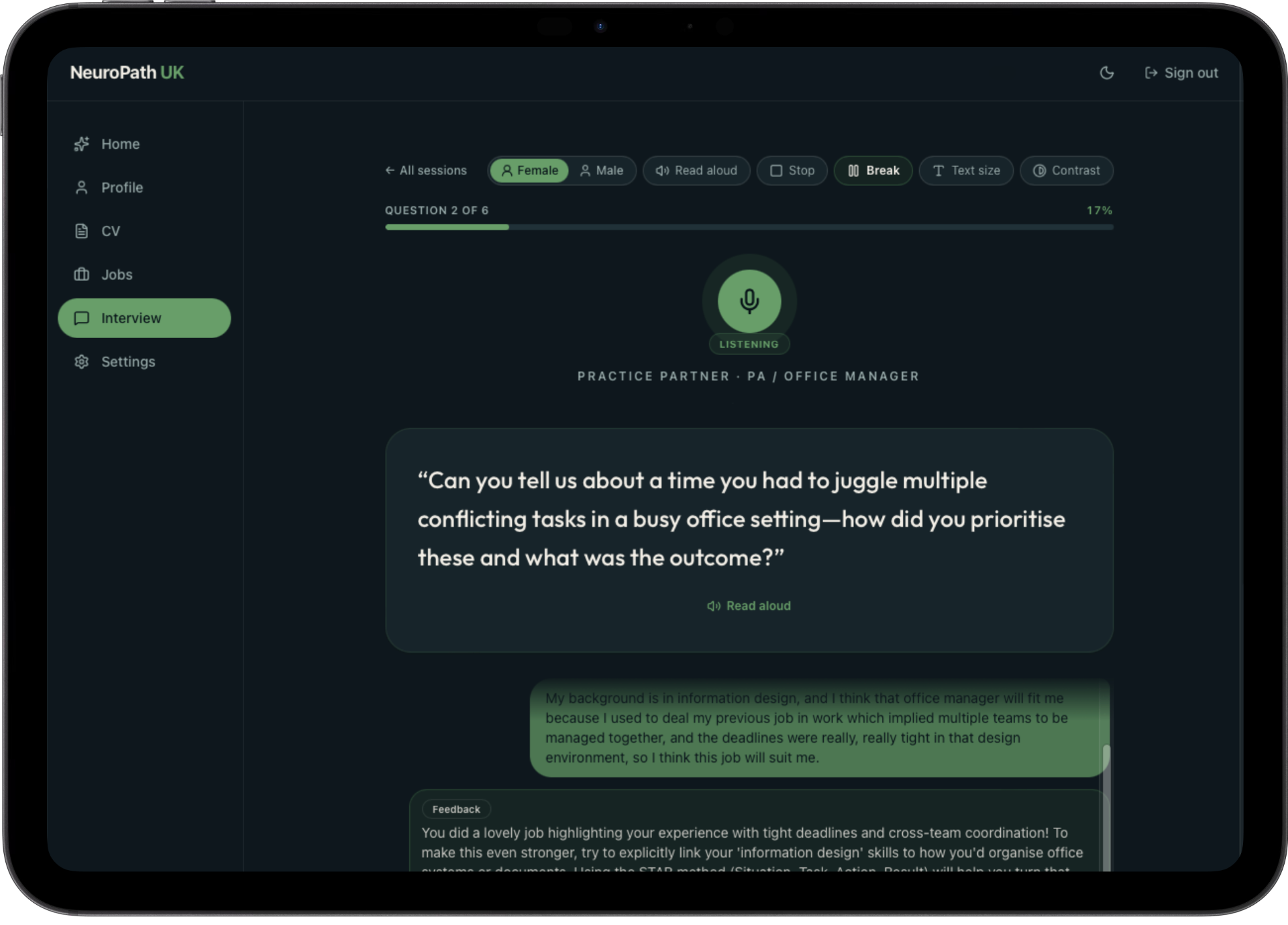 NeuroPath interview coach shown on an iPad