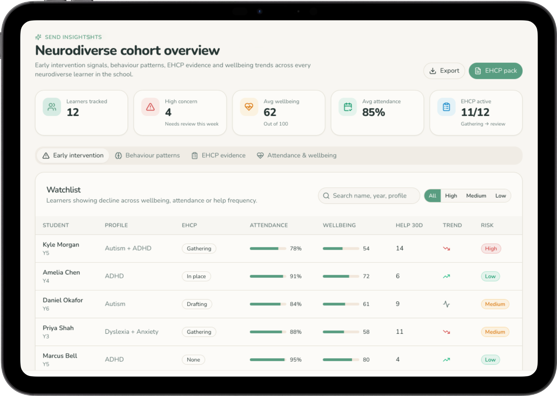 SEND insights whole-school cohort overview on iPad