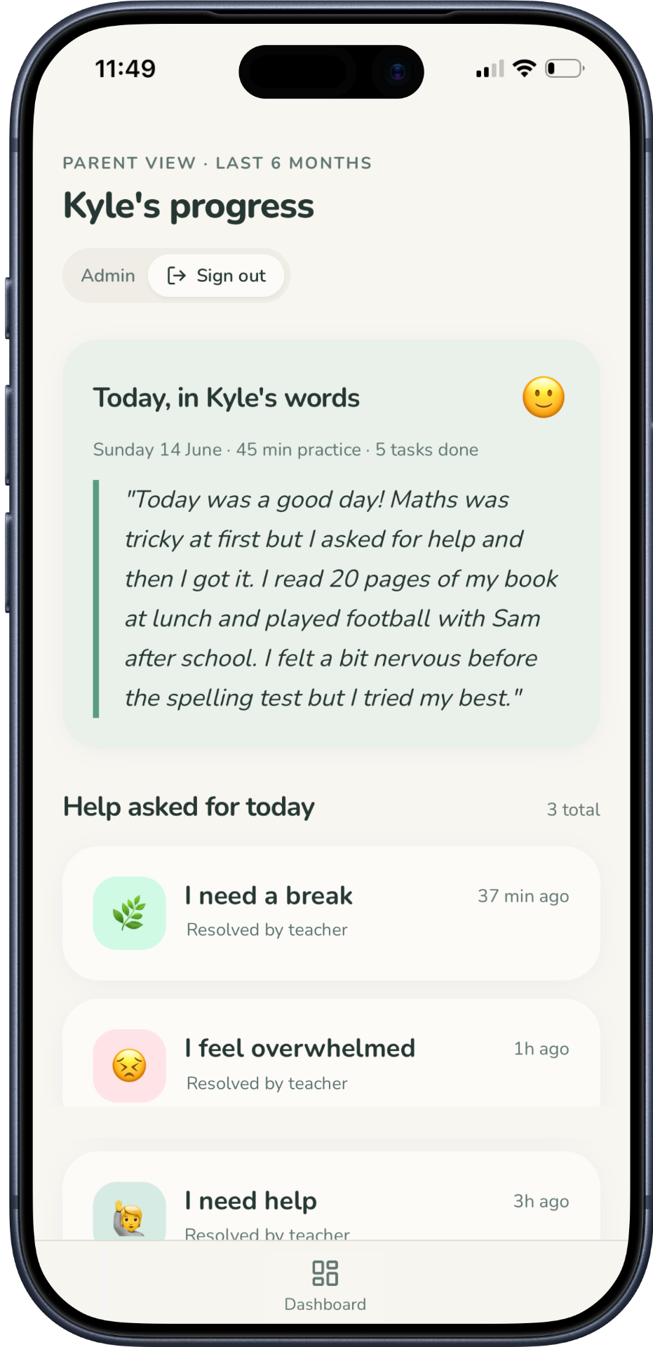Parent view of pupil progress on iPhone