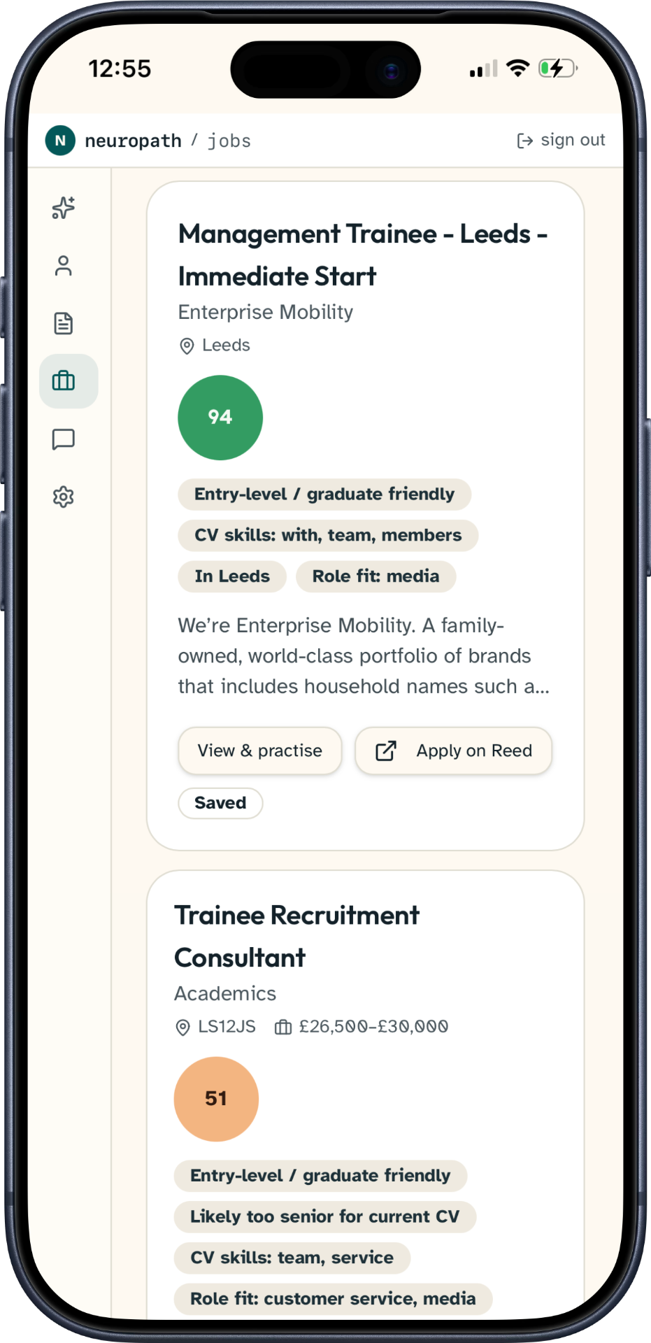 NeuroPath job matches shown on an iPhone