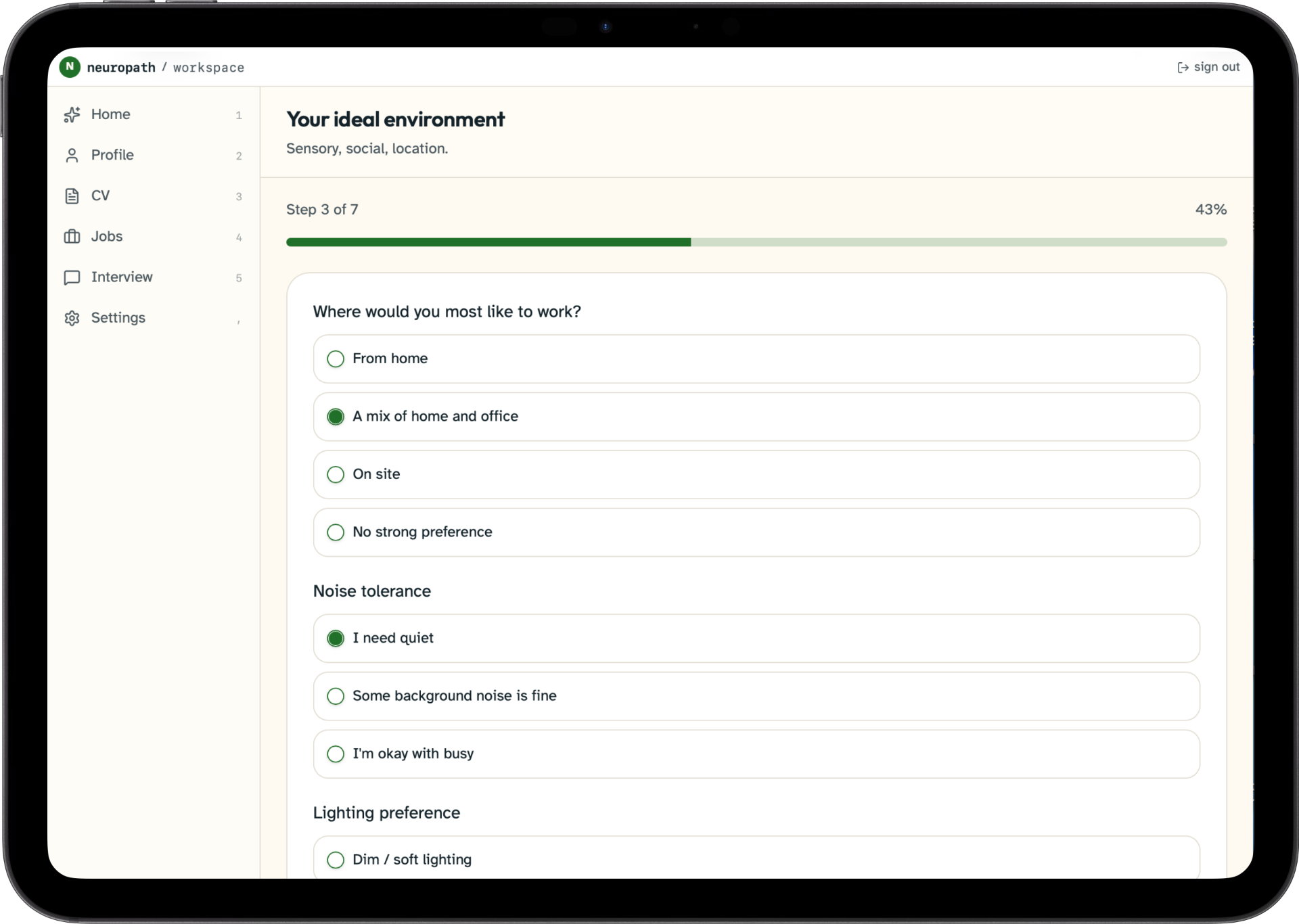 NeuroPath strengths profile shown on an iPad