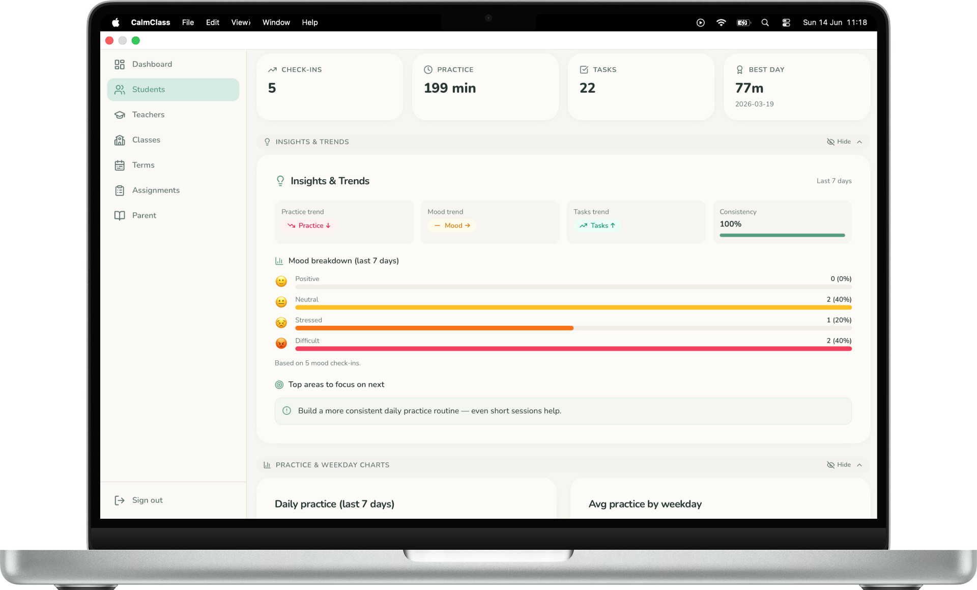 Calm Class teacher dashboard on a MacBook Pro